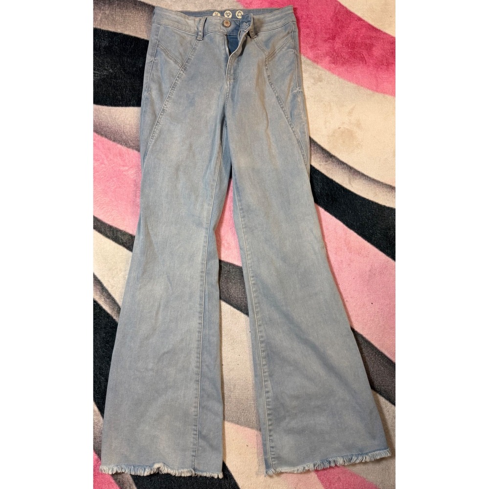 Rewash Peace Love Eco High Rise Flare Jeans Light Wash Frayed Hem Size 5 27